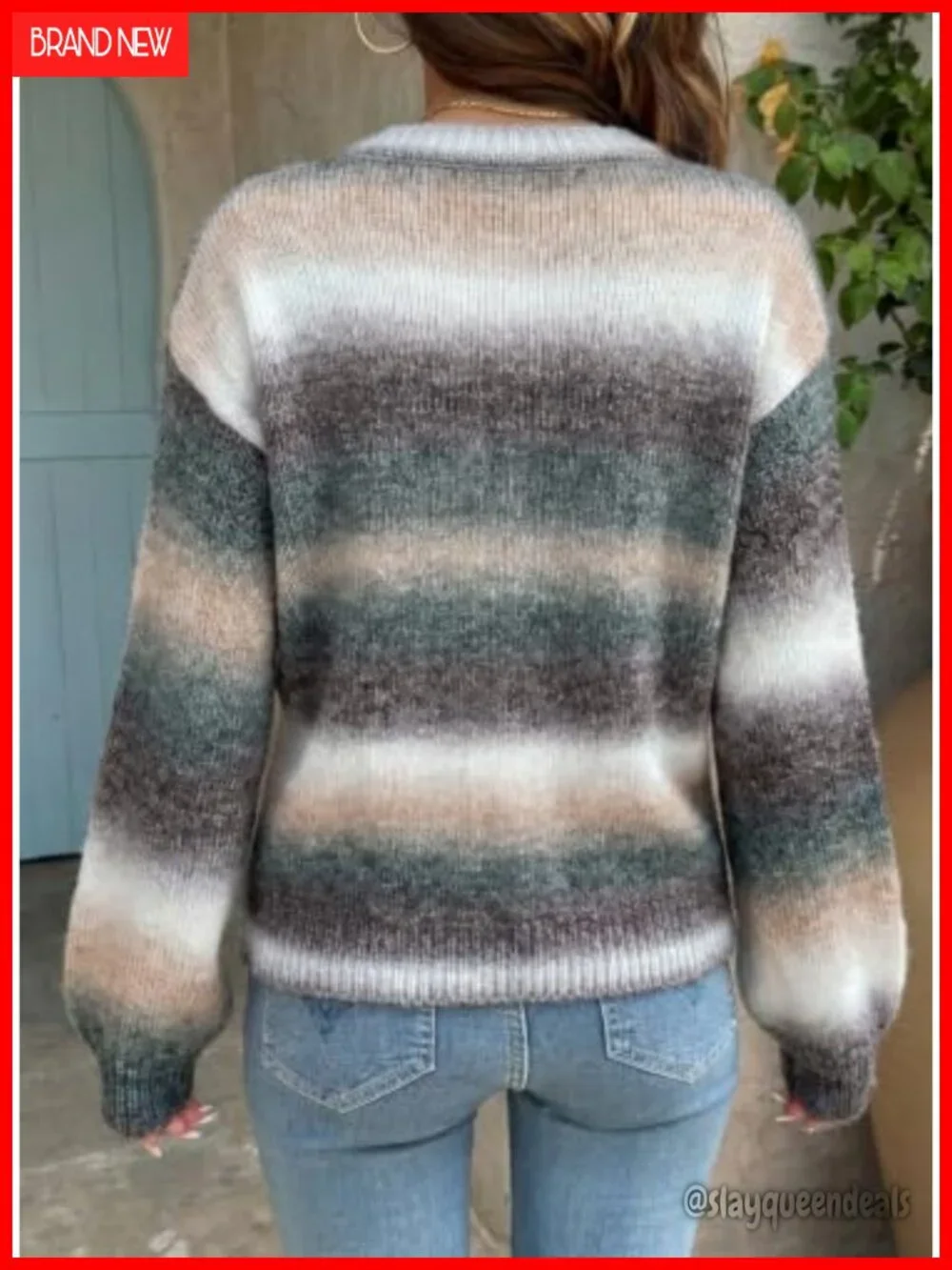Womens Sweaters Crewneck Lantern Long Sleeve Color Block Striped Pullover